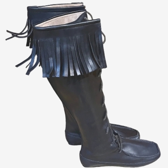GUCCI Tom Ford RUNWAY '99 Black Lace Up Knee Fringe Leather Moccasin Boots 10m - Picture 4 of 16